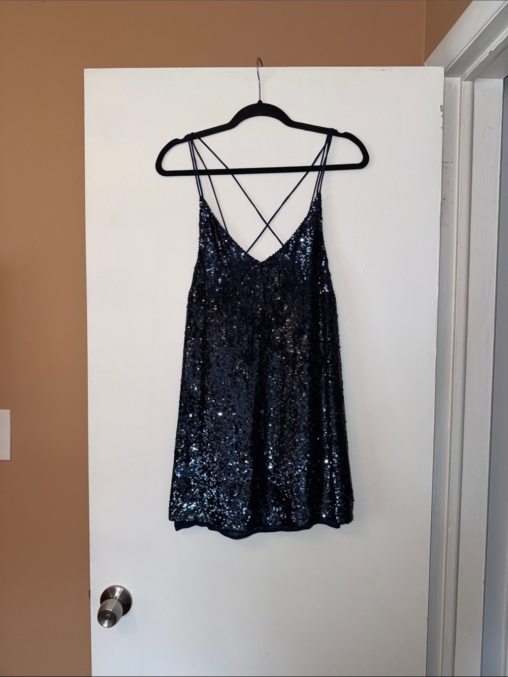Free People Sequin Mini Slip Dress in Navy with Crisscross Straps